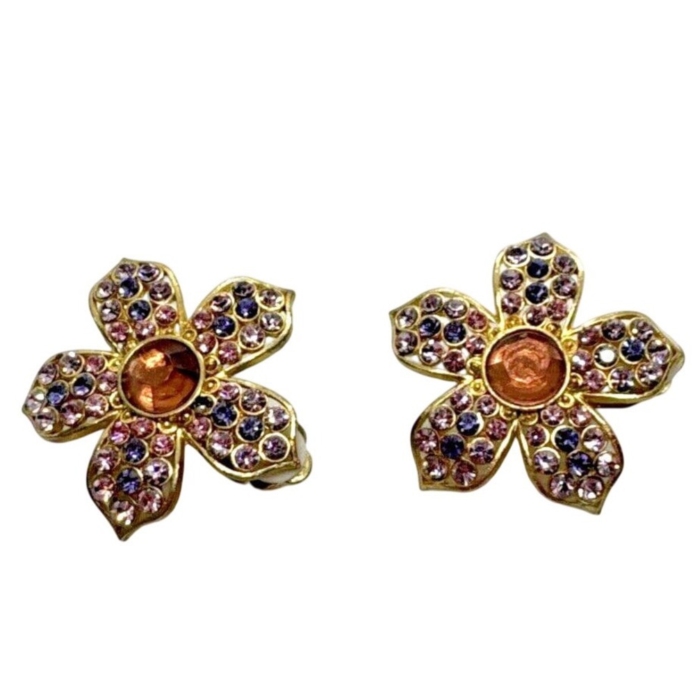 Vintage Rhinestone Pink and Purple Gold Tone Flower Clip-On Earrings 1960s